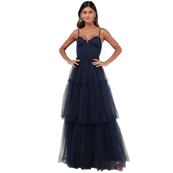 Lulus Unforgettable Poise Maxi Dress Womens M Tiered Tulle Blue Bustier Gown NWT - Picture 1 of 8